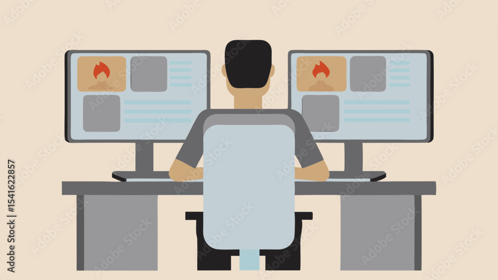 Aufkleber person sitting at a desk with two monitors displaying content and a chair visible from the back view
