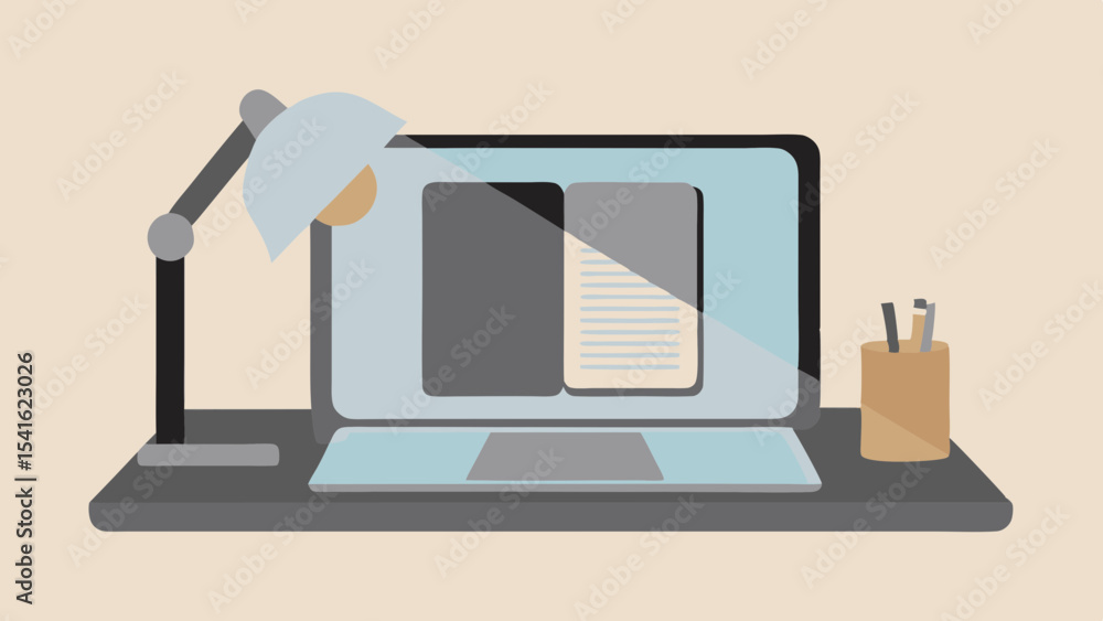 Poster illustration of a laptop with an open book on the screen and a desk lamp near the computer