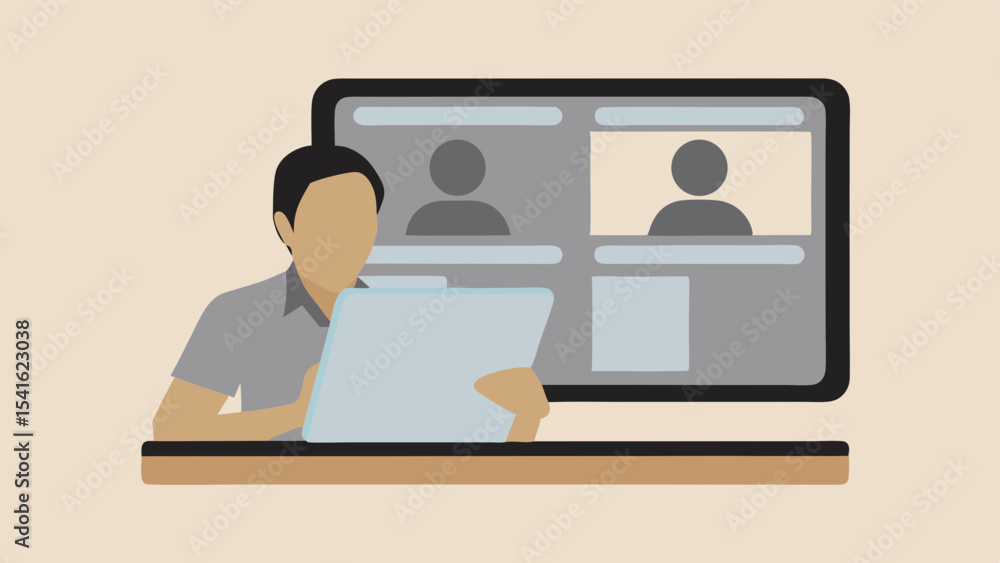 Poster a person attending a virtual meeting with two participants displayed on a computer screen at a desk