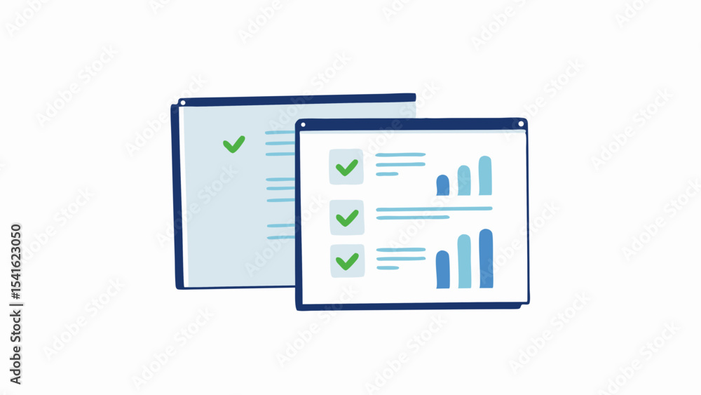 Poster illustration of two documents with check marks and a bar graph in light blue color