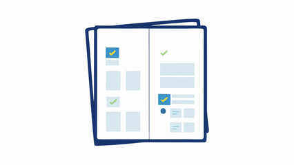 Two open documents with check marks indicating task completion and a dark blue border outline