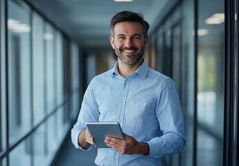A confident businessman in a modern office hallway, smiling and holding a digital tablet while looking at the screen