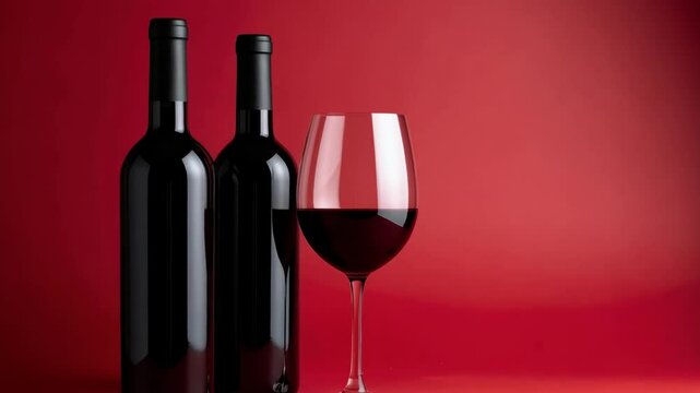 Two unlabeled dark glass wine bottles with a stemmed glass filled with red wine on scarlet background