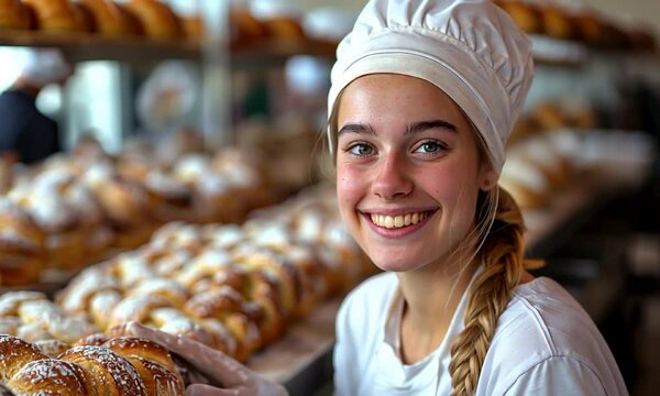 Happy caucasian female baker touching fresh bread animation video. European woman checking pastry in workshop animated footage clip seamless HD motion graphics. Small business concept