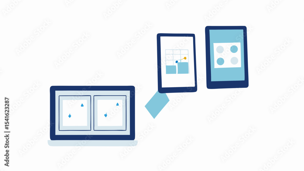 Aufkleber illustration featuring a laptop and two tablets displaying different types of information graphics