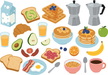 Breakfast food clipart collection, morning meal elements with pancakes, waffles, toast, coffee, fruits, cereal, vector flat design illustration