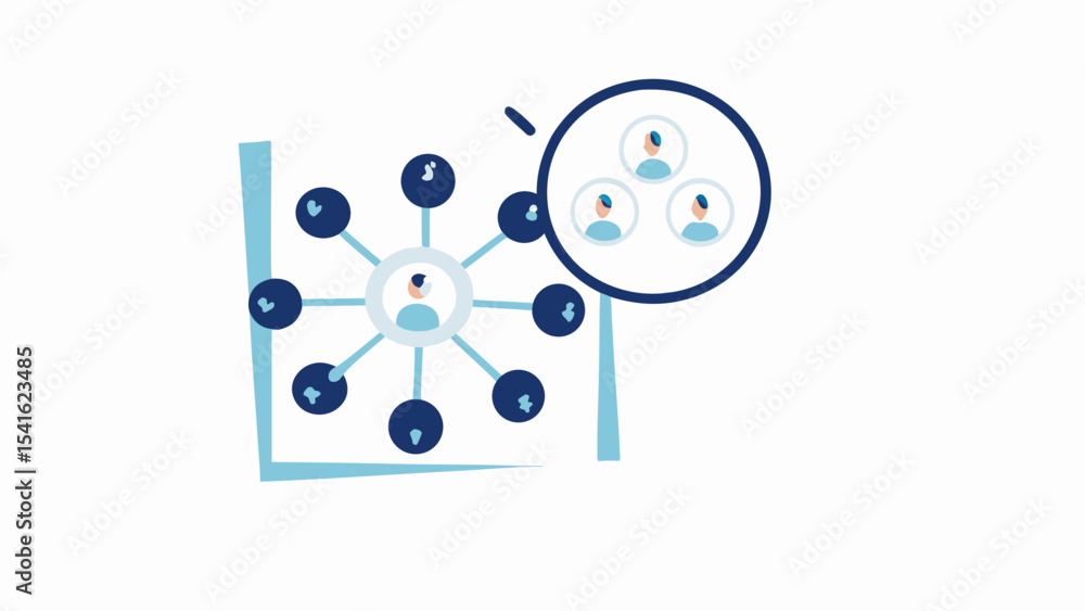 Poster illustration showing a central figure connected to multiple nodes with a magnified view of people