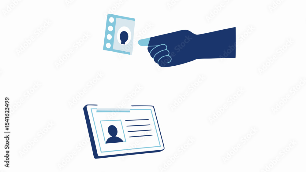 Poster hand interacting with a biometric scanner above an identification badge on a white background scene