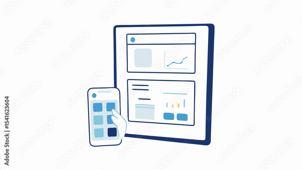 Poster illustration of a mobile phone with hand interacting with a dashboard on a larger screen display