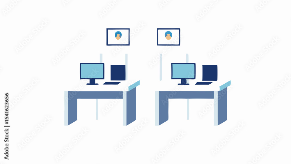Poster two office workstations with computers and screens depicting people in a professional setting view