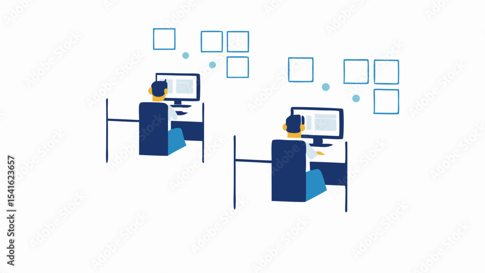 Poster two people working at desks with computers and square decorations on the wall in an office space
