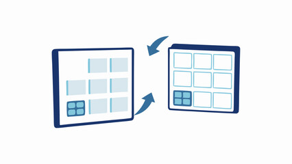 Two tablets showing grid layouts with an arrow indicating data transfer between the devices shown here
