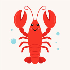 A cartoon lobster with a smiling face  bright red color is surrounded by small blue bubbles on a neutral background