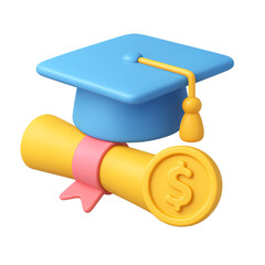 3D render of graduation cap and diploma with dollar sign. Financial education, scholarship, or student loan concept. Isolated on white background
