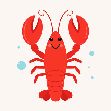 A cartoon lobster with a smiling face  bright red color is surrounded by small blue bubbles on a neutral background