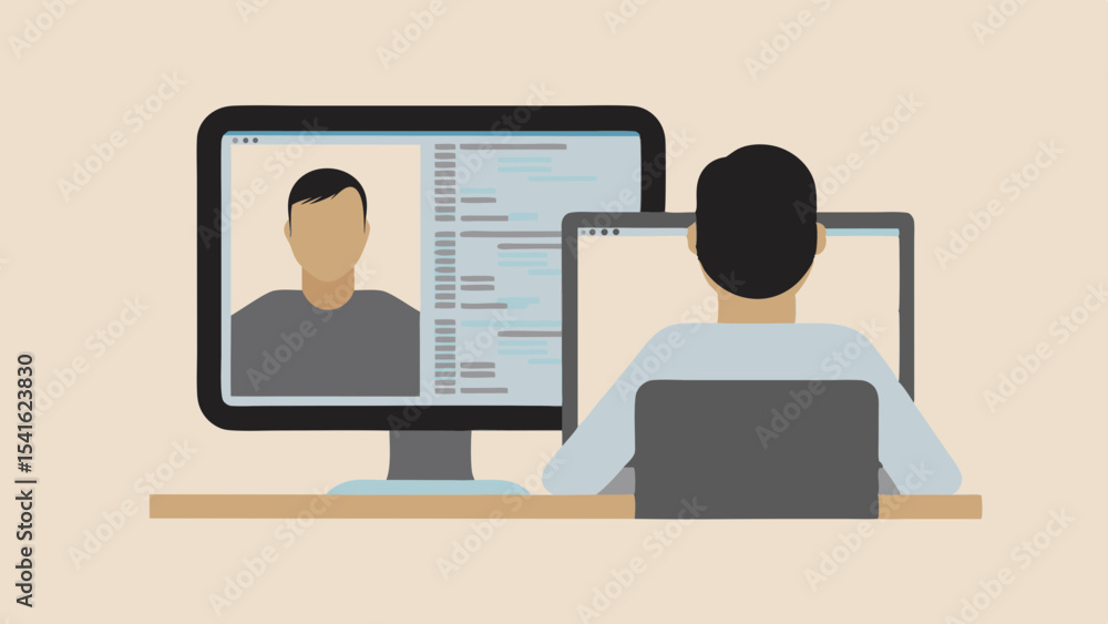 Poster person having a video call on a computer while someone works on a laptop in the background scene
