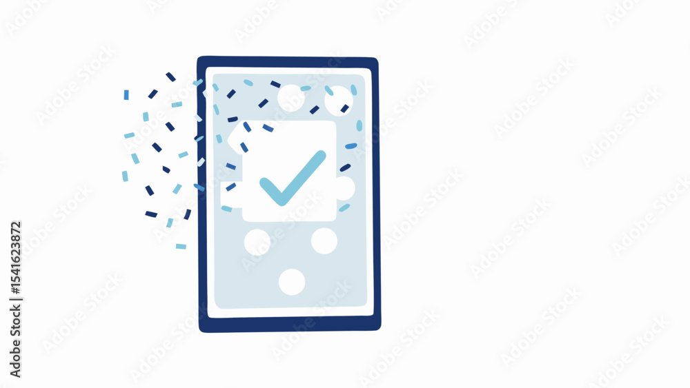 Poster illustration of a mobile phone displaying a check mark with confetti surrounding the screen view