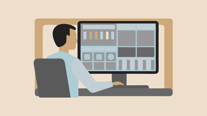 Person sits in front of a computer screen with a graphical user interface displaying data panels