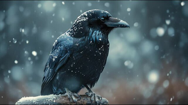 A raven sits against the backdrop of falling snow, looking around, covered in a thin layer of snowflakes. Its shiny black plumage contrasts with the soft white flakes.