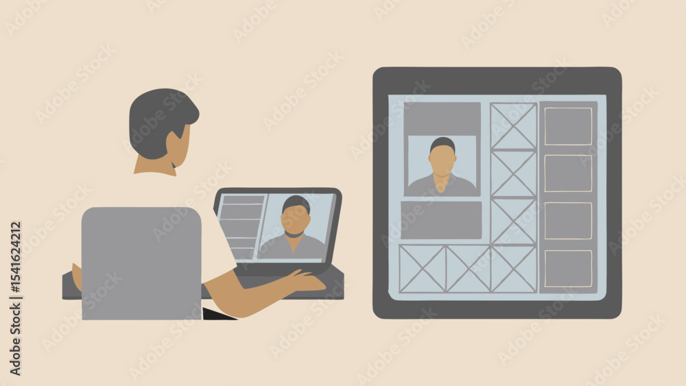 Poster person using laptop and tablet for video call and design interface with wireframes and profile pictu