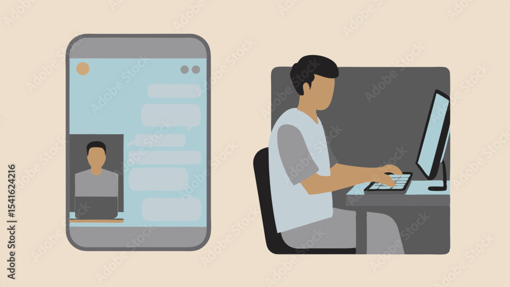 Poster illustration showing a man video calling on a phone and another using a desktop computer nearby