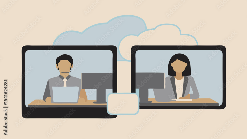 Poster two people in video conference on screens with cloud shape in the background making a virtual connec