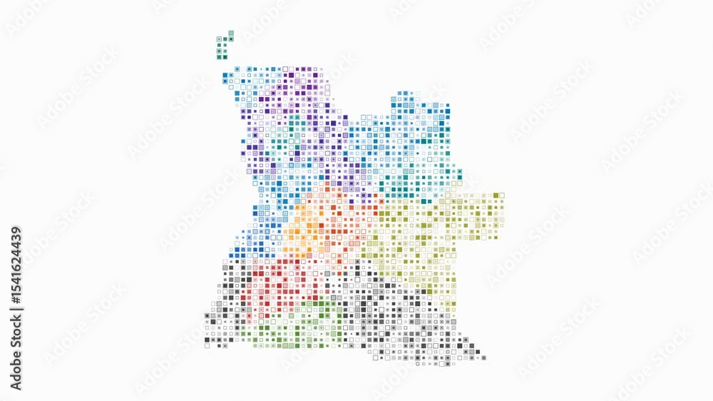 Poster angola dotted animation. shape of the country build of pulsating colored dots. small size square blo