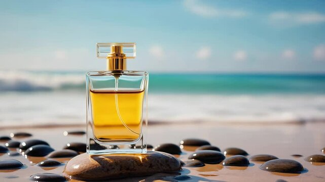 Perfume bottle on beach stone with golden liquid