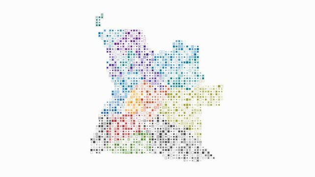 Angola dotted animation. Shape of the country build of pulsating colored dots. Small size square blocks. Digital style map on white background. Artistic video.