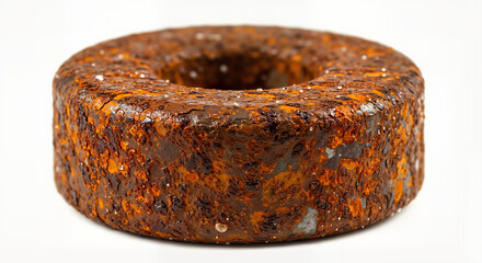 Rusty washer with a textured surface on a white background for industrial concept