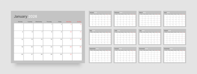 Monthly calendar layout for 2026 year. Diary planner for 2026 year. Week Starts on Monday. 