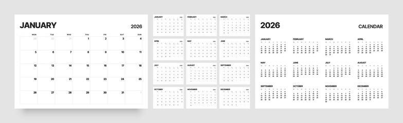 Monthly calendar layout for 2026 year. Diary planner for 2026 year. Week Starts on Monday. 