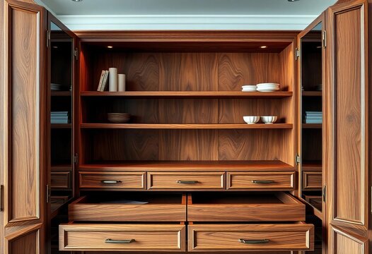 Elegant wooden cabinet interior with shelves and drawers,  clean,  modern