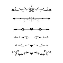 text dividers doodle set. Wedding decorative elements. Divider ornament, borders, floral, vintage line separators. Hand drawn vector illustration isolated on white background. Set page dividers.
