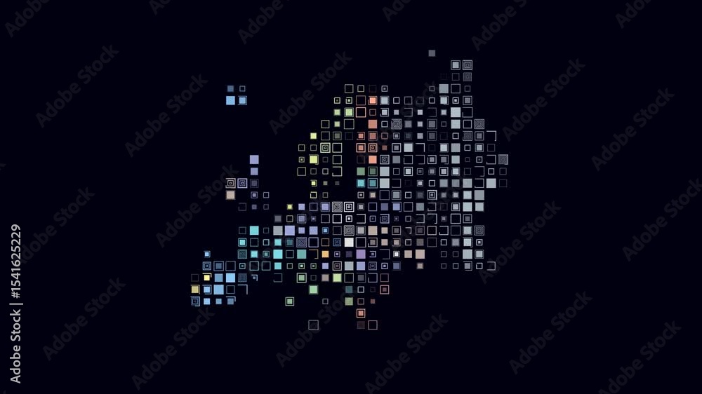 Poster europe dotted animation. shape of the continent build of pulsating colored dots. large size square b