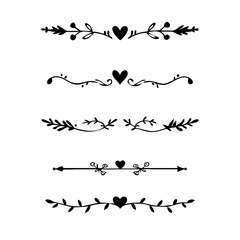 text dividers doodle set. Wedding decorative elements. Divider ornament, borders, floral, vintage line separators. Hand drawn vector illustration isolated on white background. Set page dividers.
