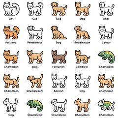 Icon set featuring 24 different pet animals. Animals include common and exotic pets such as a cat, dog, chameleon, parrot, miniature pig, raccoon, rabbit, guinea pig, mini goat, ferret, tarantula,