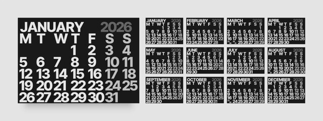 Monthly calendar layout for 2026 year. Minimalistic Diary for 2026 year in dark color. Week Starts on Monday. 
