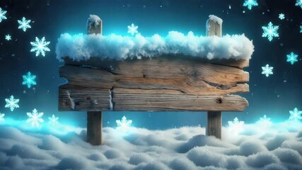 Materializing snowflakes drifting around wooden sign in snowy area, creating serene winter ambiance - Powered by Adobe