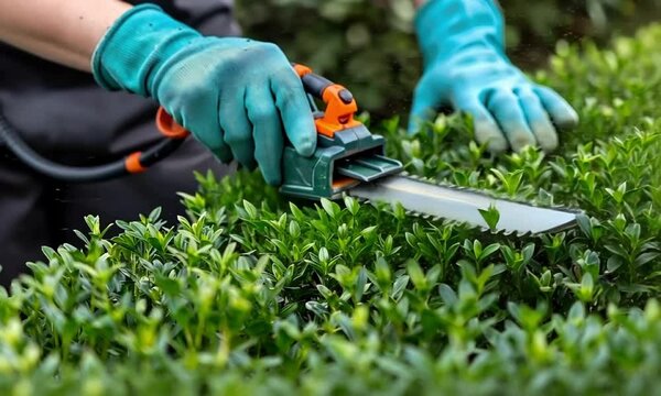 Gardener with electric trimmer shaping bush animation video. Worker in gloves cutting green branches in garden animated footage clip seamless HD motion graphics. Profession concept