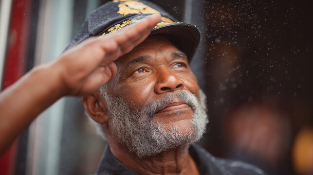 A veteran saluting a fire truck in a parade of remembrance