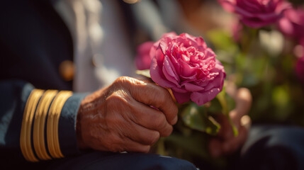 Veteran Honoring Comrades with Roses and Caps at Parade