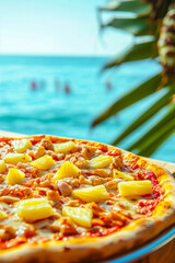 Hawaiian pizza with pineapple and chicken, outdoor restaurant background