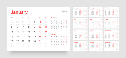 Monthly calendar layout for 2026 year. Diary planner for 2026 year. Week Starts on Monday. 