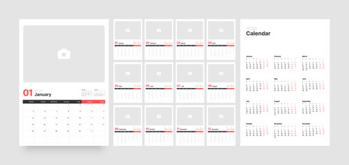 Monthly calendar layout for 2026 year. Vertical diary planner with place for photo for 2026 year. Week Starts on Monday. 