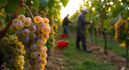 Wine harvest season scene. Close-up of ripe berries of white Sauvignon grapes on vines, with unidentified workers harvesting in the background in vineyards. Autumn grape-picking season