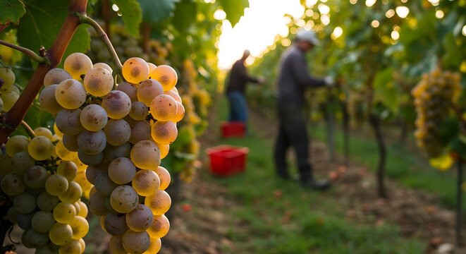 Wine harvest season scene. Close-up of ripe berries of white Sauvignon grapes on vines, with unidentified workers harvesting in the background in vineyards. Autumn grape-picking season - Powered by Adobe