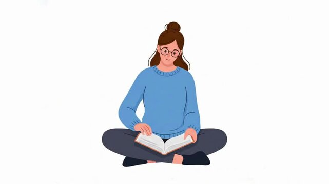 Woman reading book peacefully. Self-care, learning, knowledge, cozy lifestyle concept. Looping 2D character animation with alpha channel. Transparent background for apps, blogs, UI