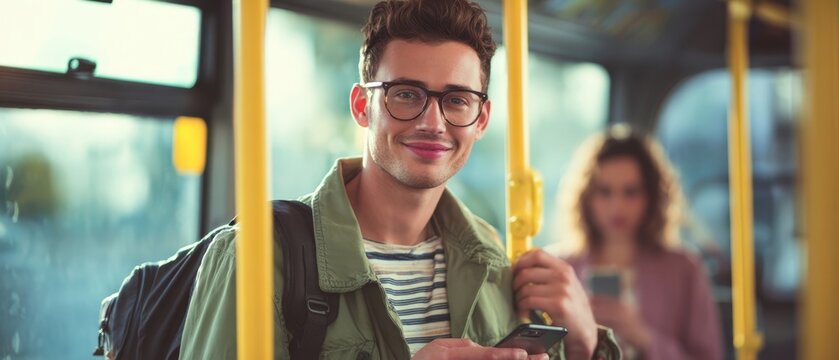 The young man enjoying his ride on a city bus while using a smartphone.