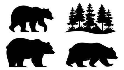 Bear silhouette vector set grizzly bear forest scene wildlife animal nature art, in png, on transparent background